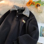Men's ribbed polo jumper with contrasting fleece collar and button placket