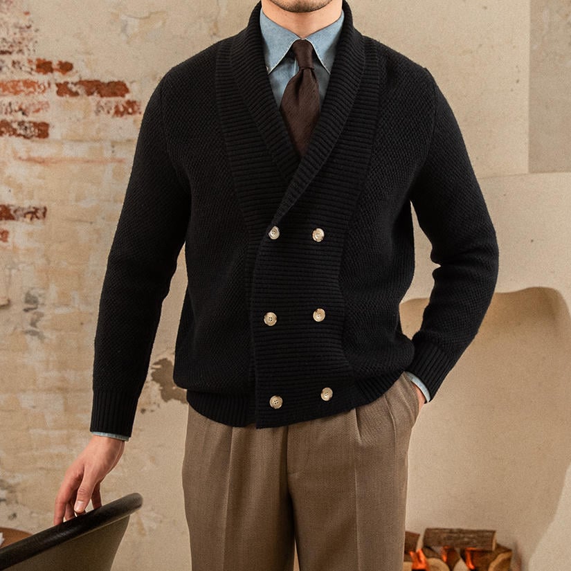 Men's textured knit cardigan with shawl collar and button fastening