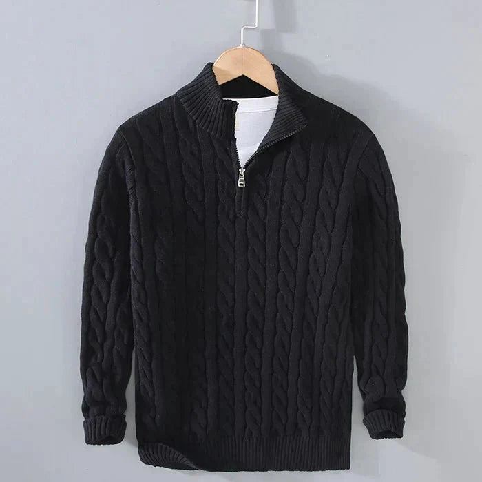 Men's cable knit jumper with mock neck and quarter zip