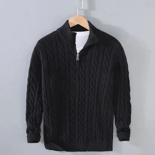 Men's cable knit jumper with mock neck and quarter zip