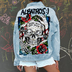 Women's light blue denim jacket with Halloween skull and rose graphic on the back
