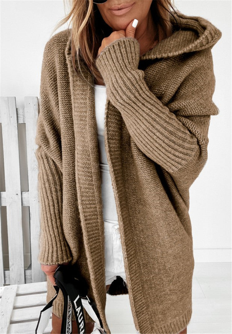 Women's oversized hooded cardigan with batwing sleeves and ribbed trims