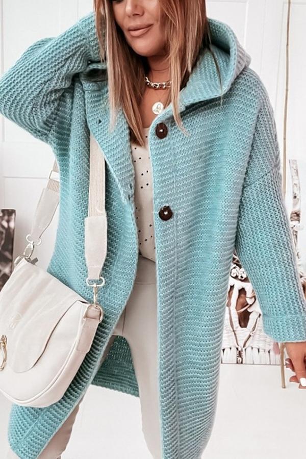 Women's longline hooded button cardigan with textured knit finish