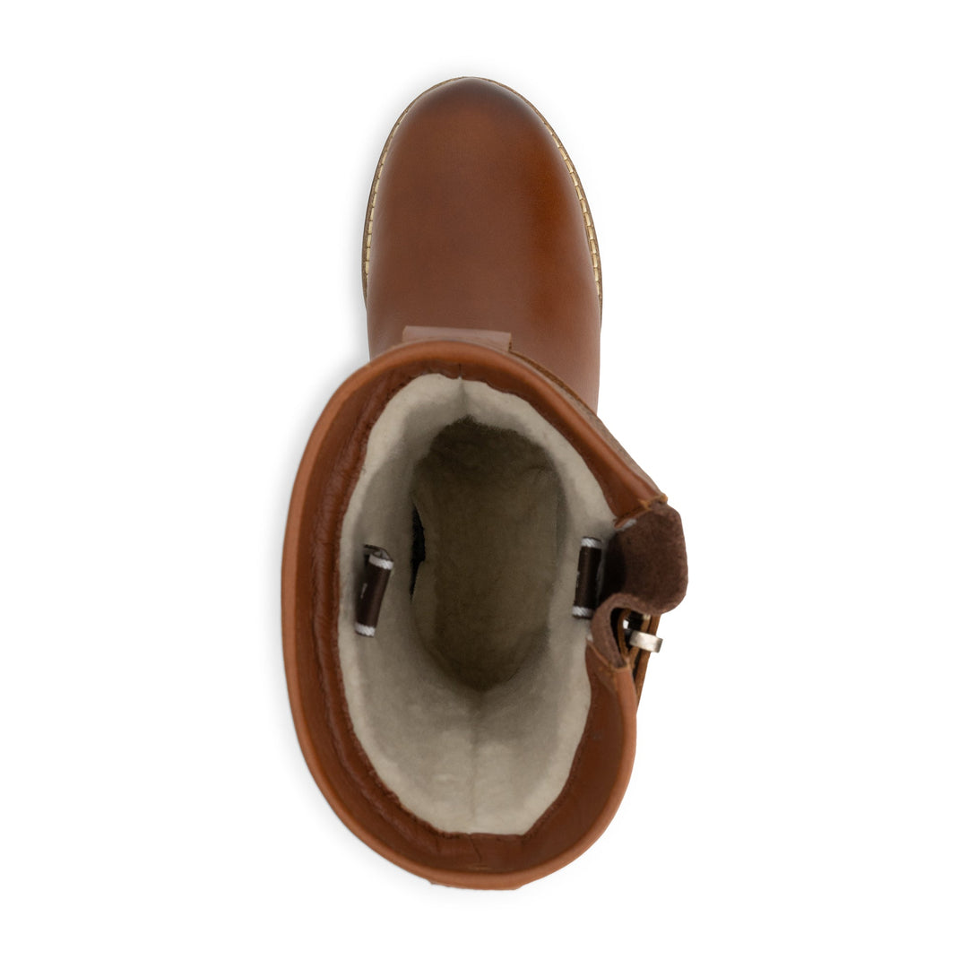 Brown tall boots with buckle straps, rounded toes and low heels