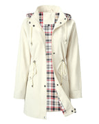 Women's long hooded coat with checked lining, zip front and drawstring waist