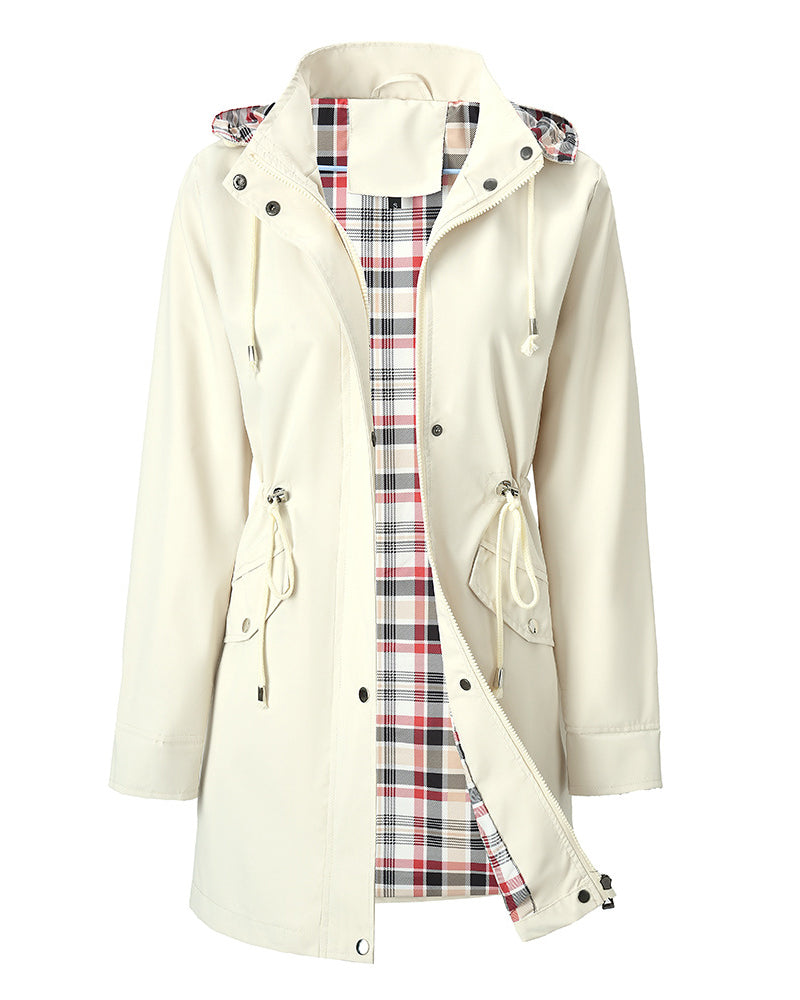 Women's long hooded coat with checked lining, zip front and drawstring waist