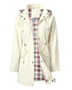 Women's long hooded coat with checked lining, zip front and drawstring waist