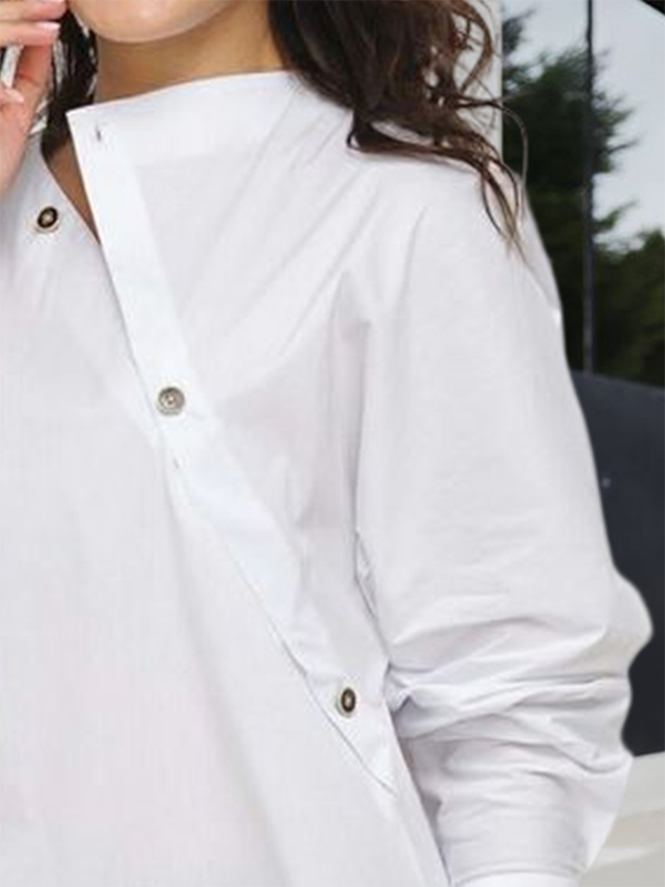 Women's white asymmetric button front blouse with long sleeves
