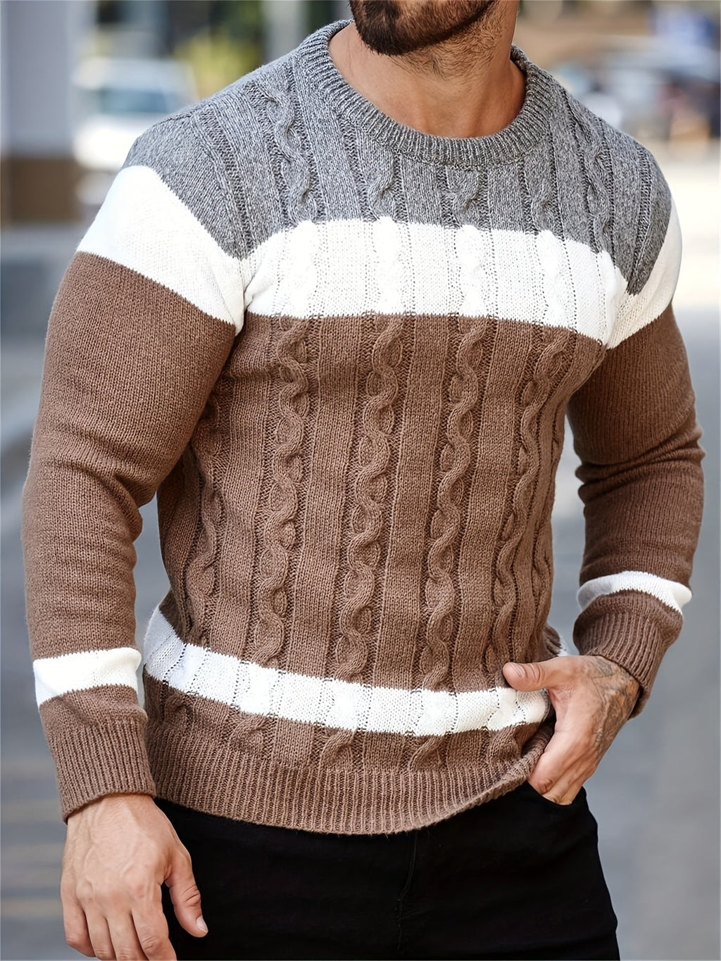 Men's long-sleeve colour-block cable knit sweater with crew neck