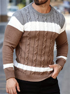 Men's long-sleeve colour-block cable knit sweater with crew neck