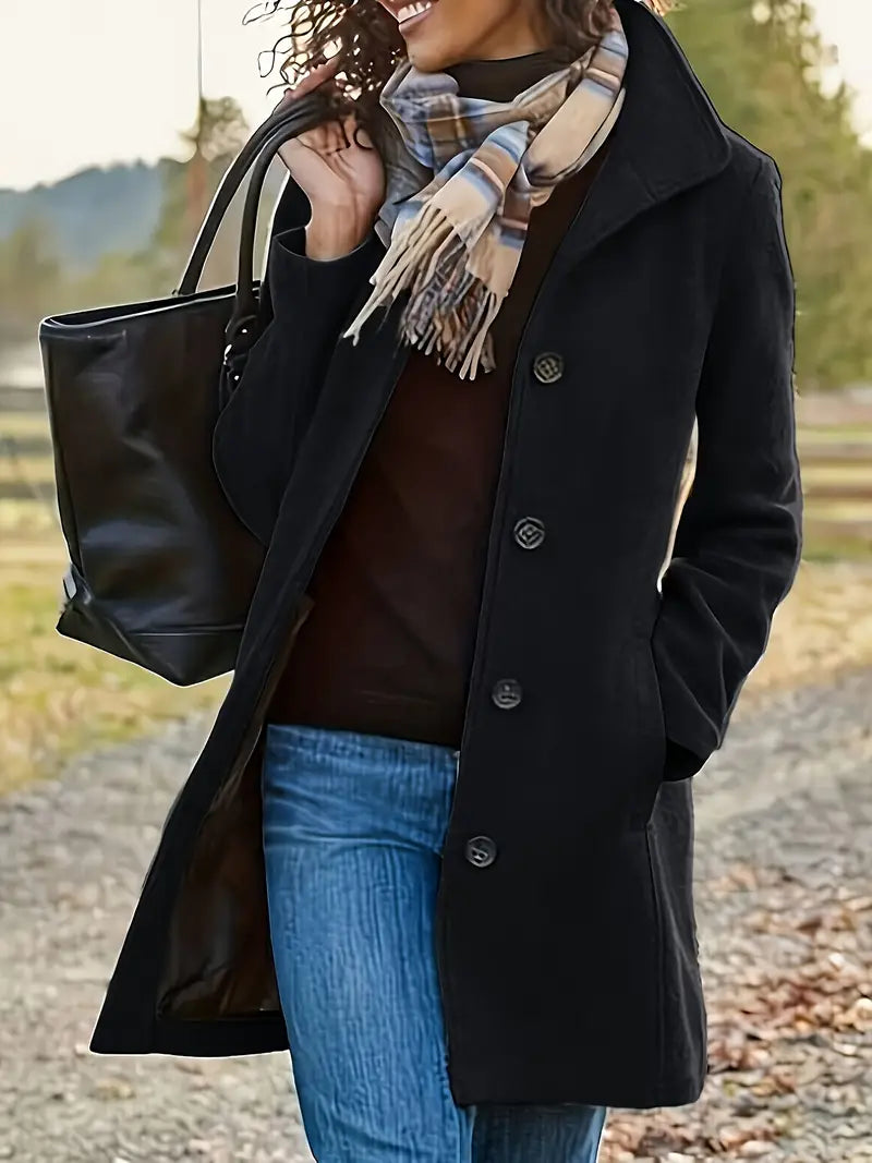 Women's textured mid-length coat with lapel collar and button front