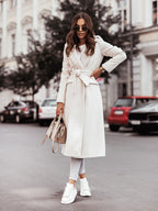 Women's long open-front coat with lapel collar and side pockets