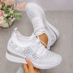Women's knit-look lace-up sneakers with round toes and platform soles
