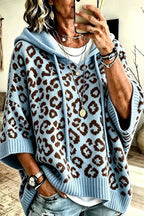 Women's leopard print hooded sweater with three-quarter sleeves