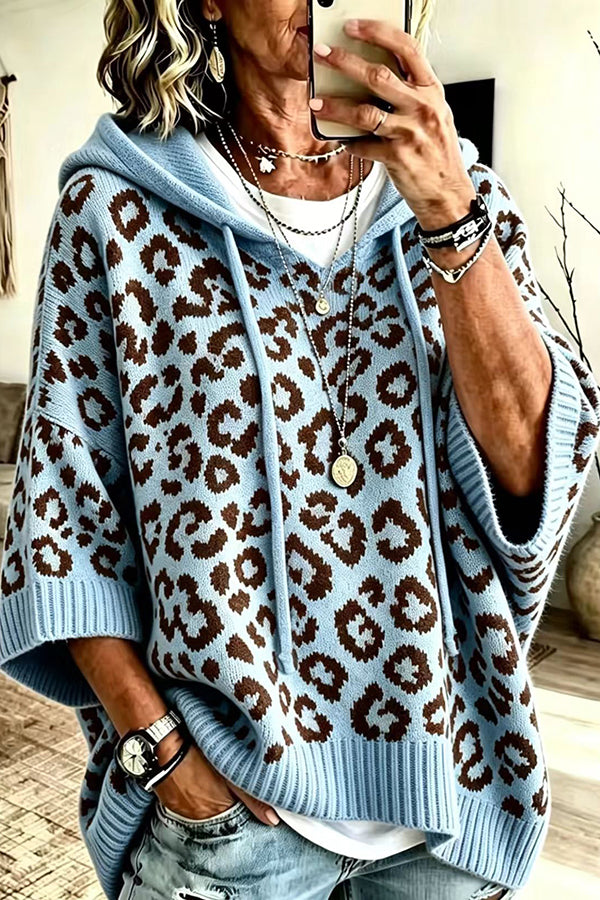 Women's leopard print hooded sweater with three-quarter sleeves