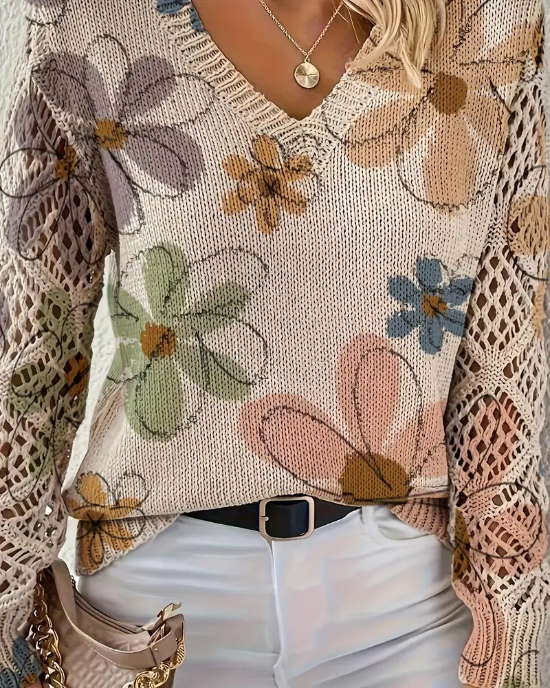 Women's multicolour floral V-neck sweater with openwork sleeves