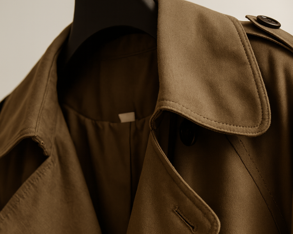Women's belted double-breasted trench coat with long sleeves and notched collar