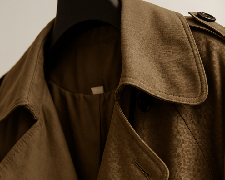 Women's belted double-breasted trench coat with long sleeves and notched collar