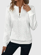 Women's textured quarter-zip sweater with long sleeves and ribbed trims