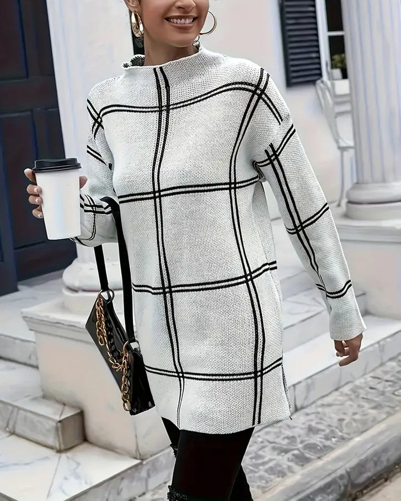 Women's white checkered mock neck sweater with long sleeves and side splits