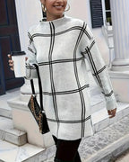 Women's white checkered mock neck sweater with long sleeves and side splits
