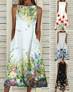 Sleeveless floral midi dress with side pockets
