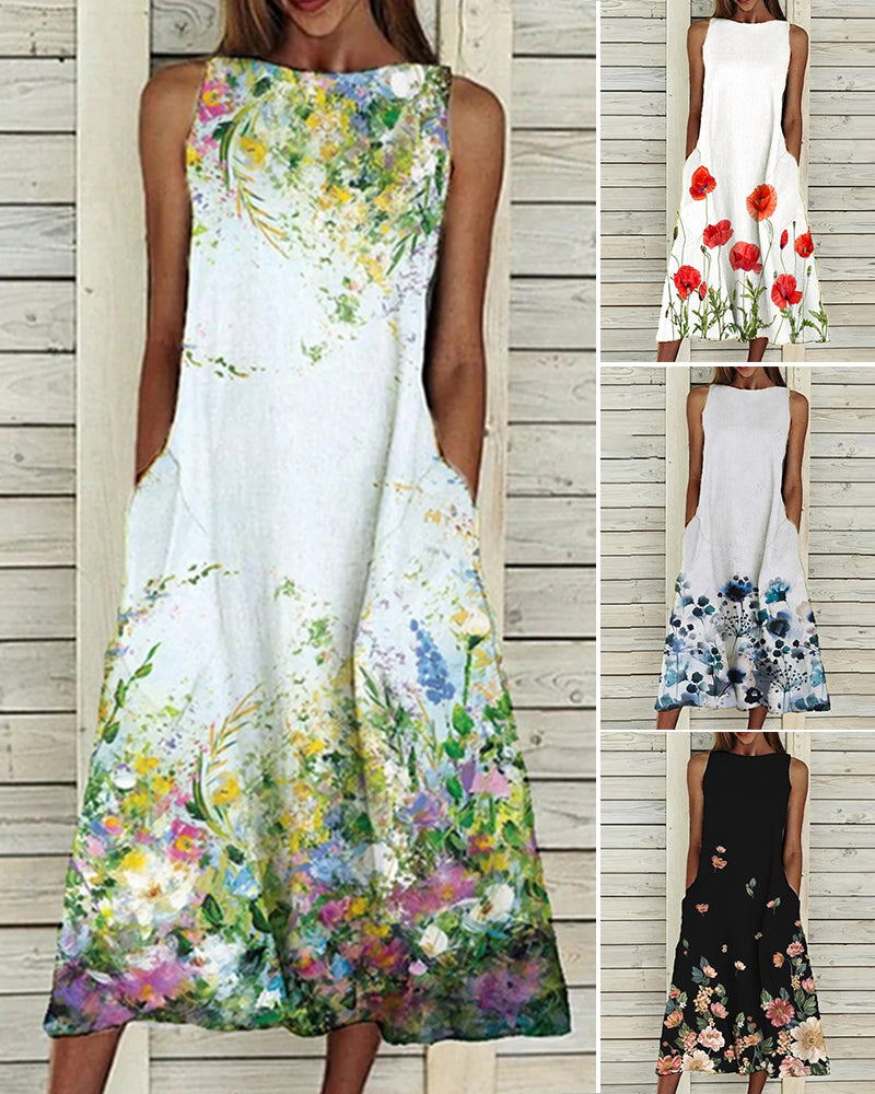 Sleeveless floral midi dress with side pockets