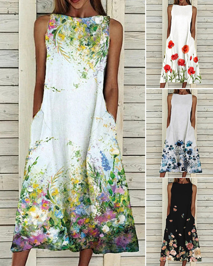Sleeveless floral midi dress with side pockets