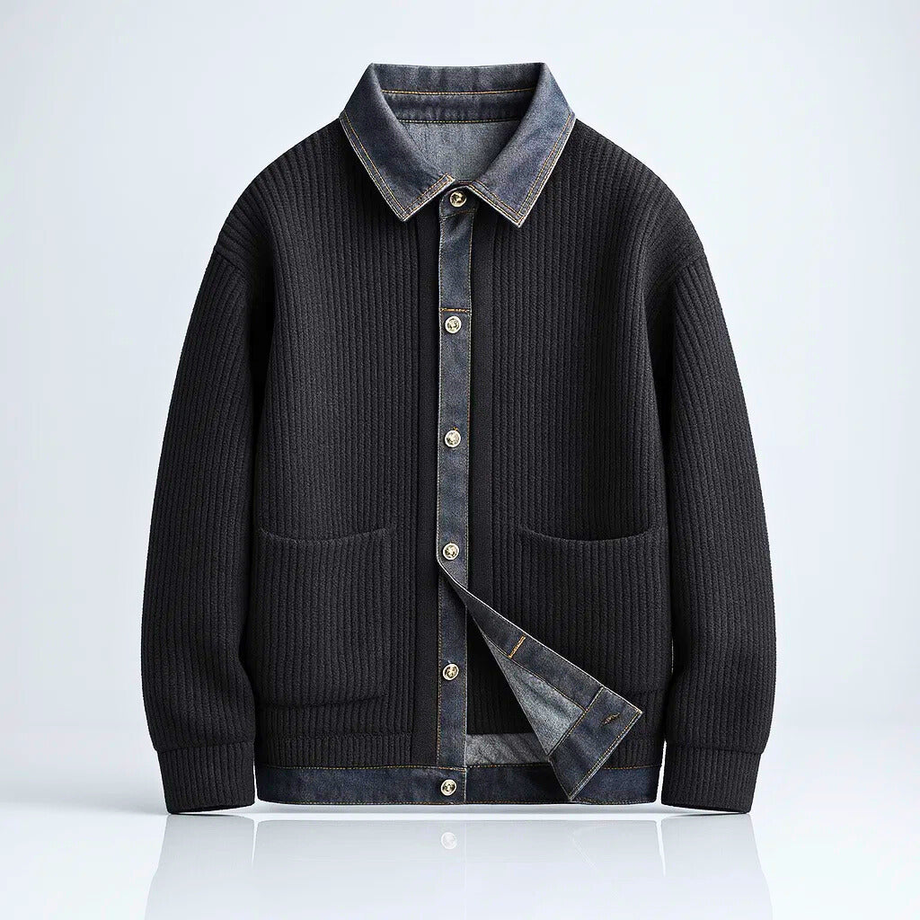 Men's ribbed button front jacket with shirt collar and patch pockets