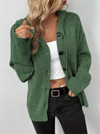 Women's hooded knitted cardigan with button front, long sleeves and ribbed cuffs