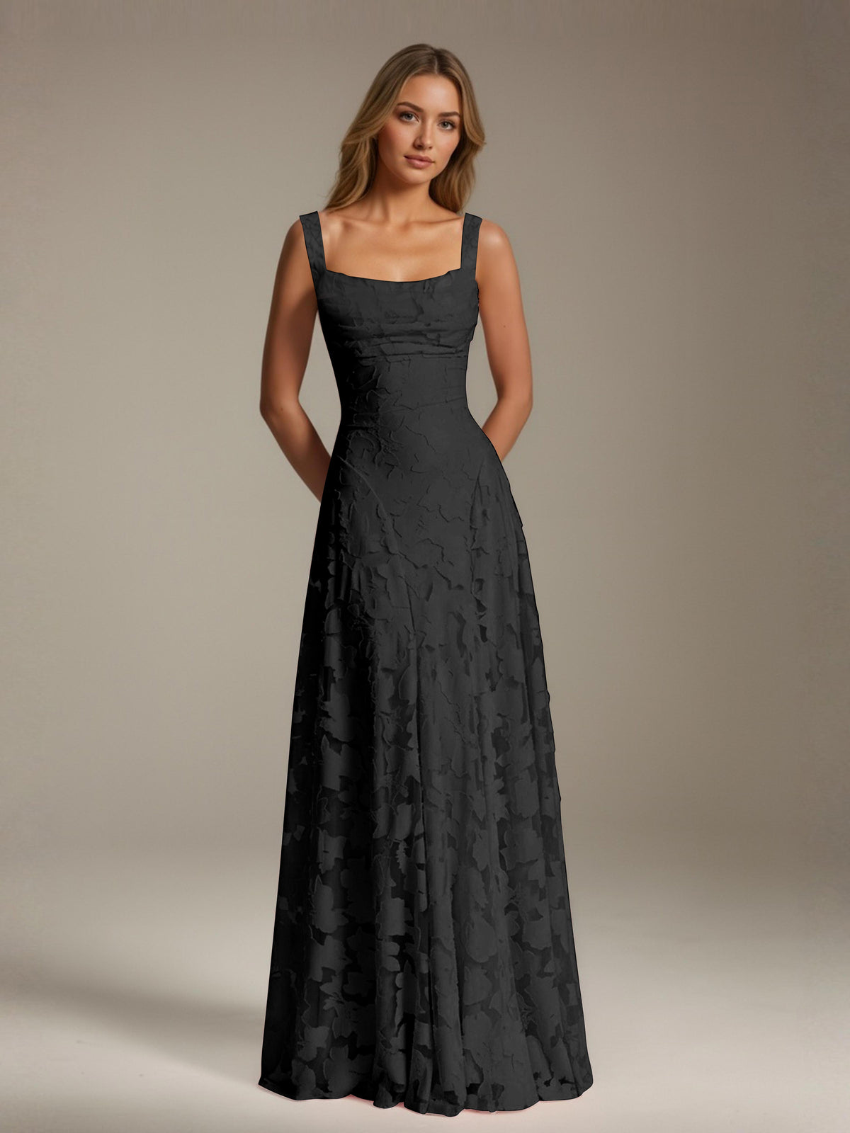 Women's floral textured A-line maxi dress with square neckline and sleeveless straps