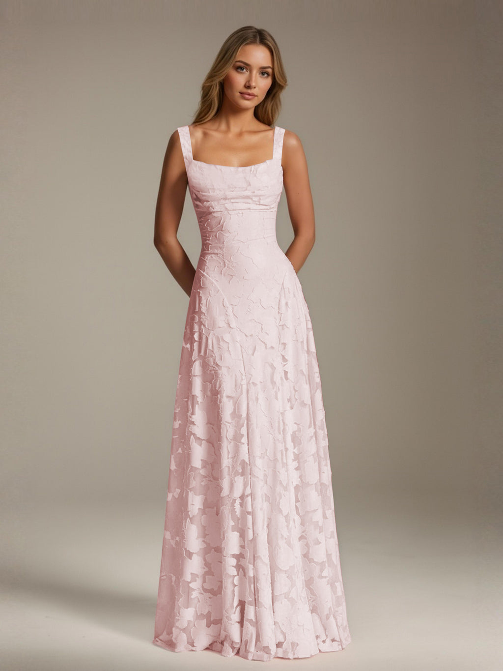 Women's floral textured A-line maxi dress with square neckline and sleeveless straps