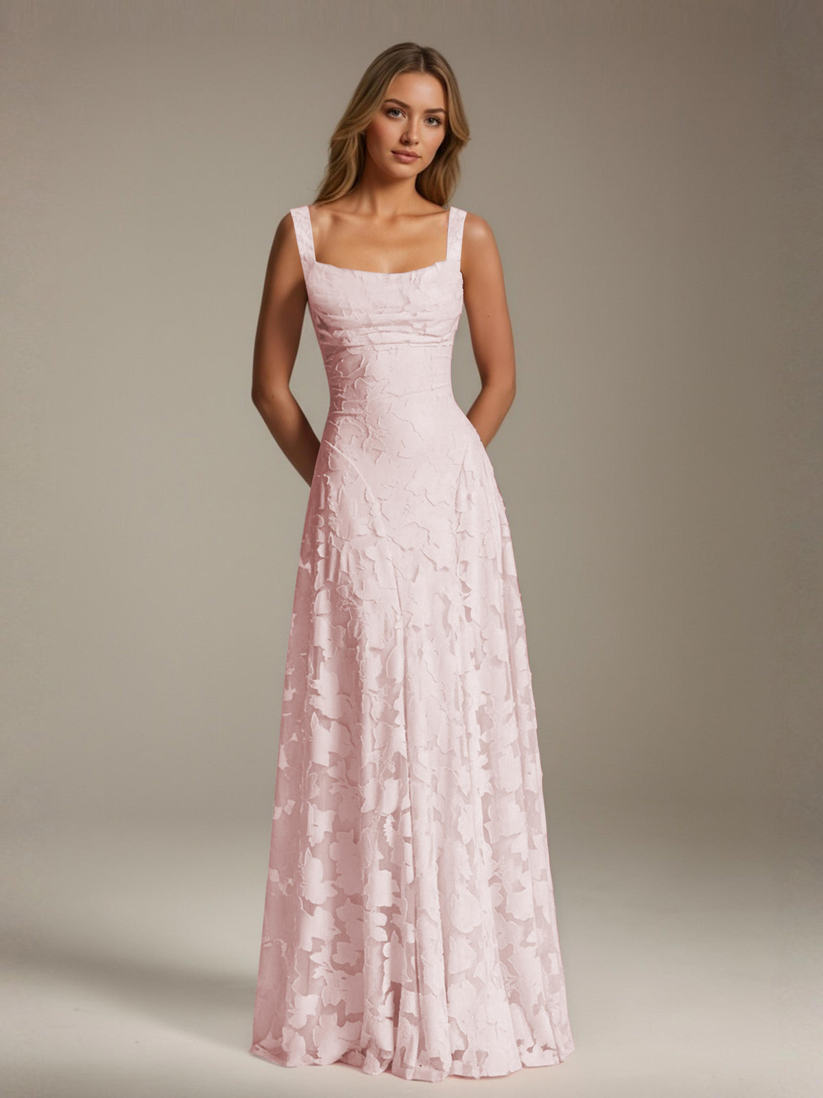 Women's floral textured A-line maxi dress with square neckline and sleeveless straps