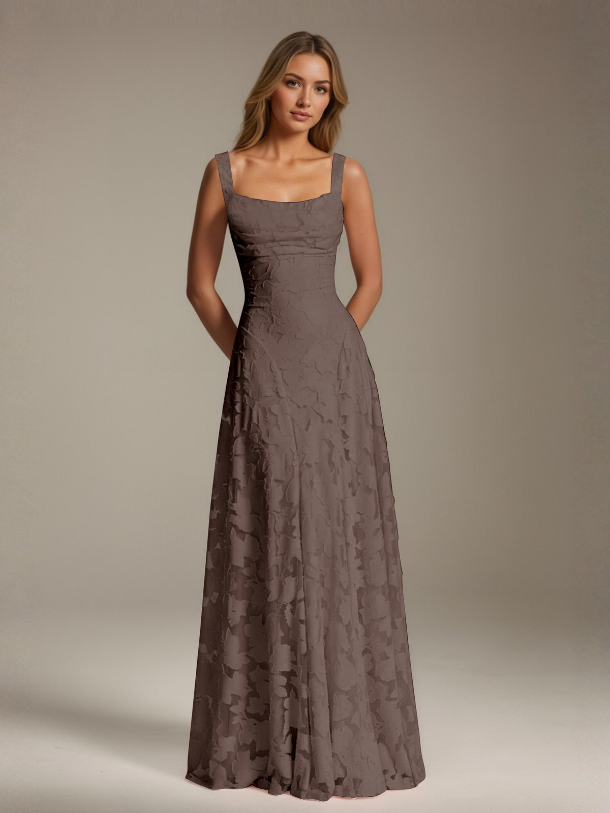 Women's floral textured A-line maxi dress with square neckline and sleeveless straps