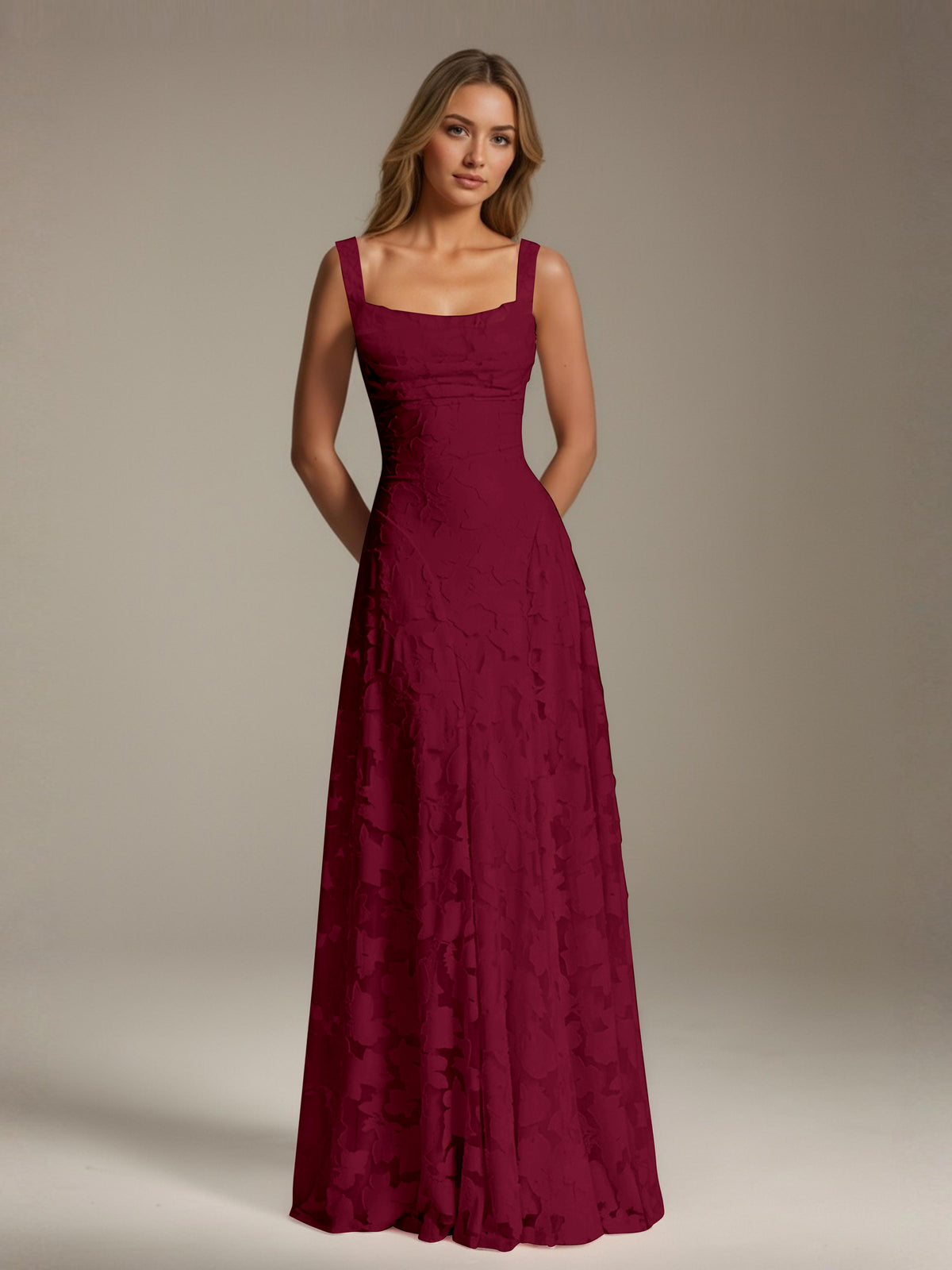 Women's floral textured A-line maxi dress with square neckline and sleeveless straps