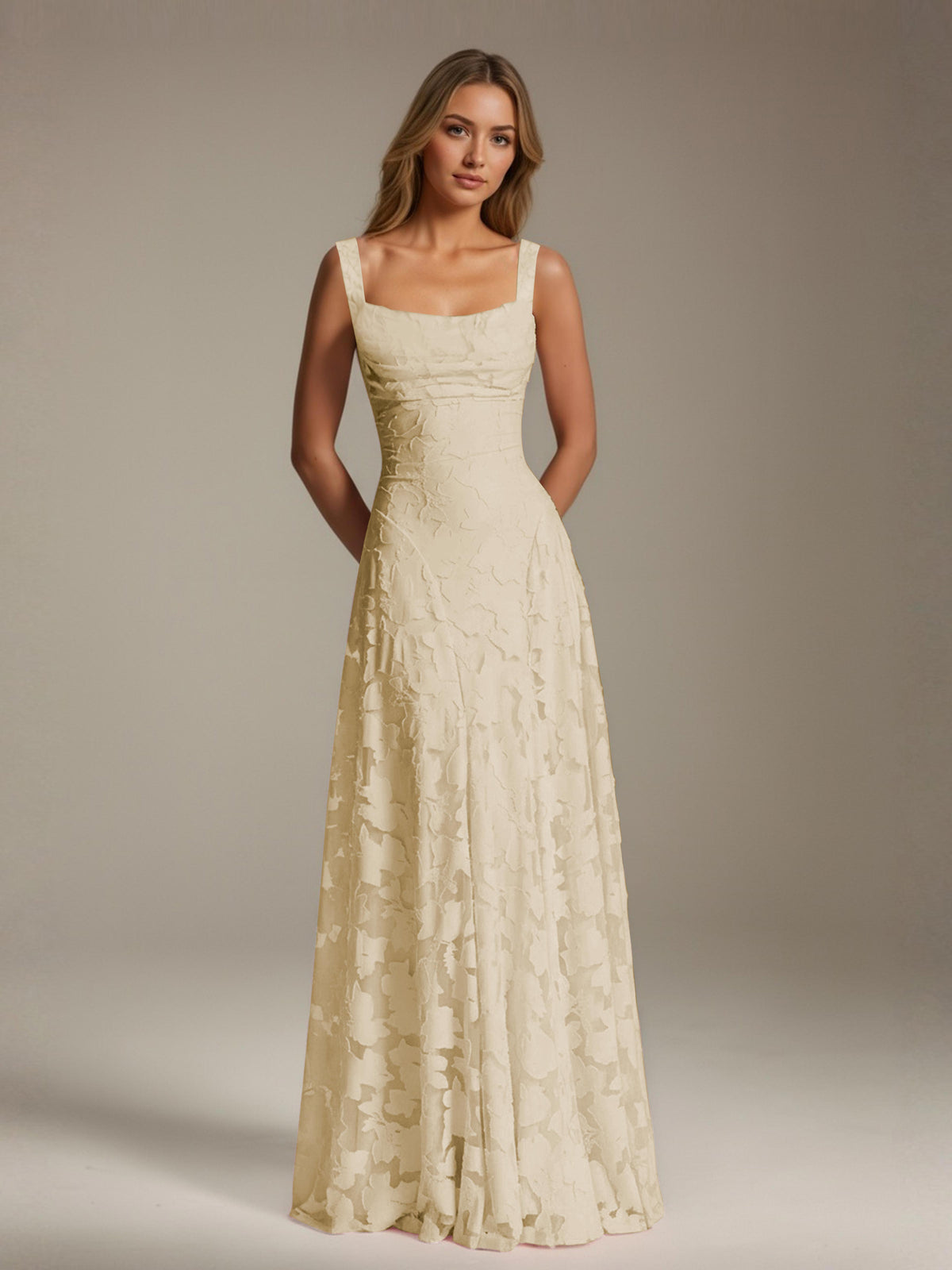 Women's floral textured A-line maxi dress with square neckline and sleeveless straps