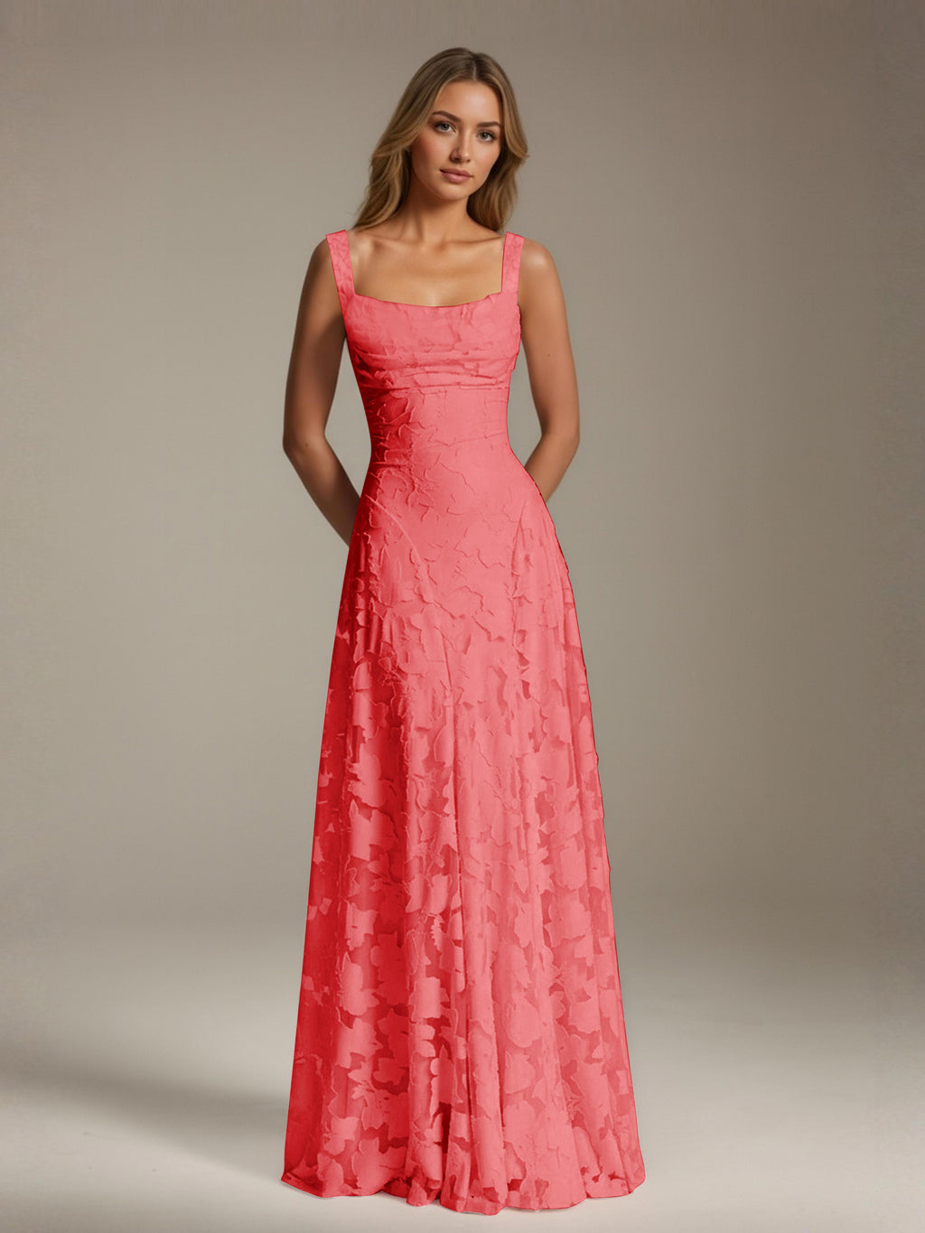 Women's floral textured A-line maxi dress with square neckline and sleeveless straps
