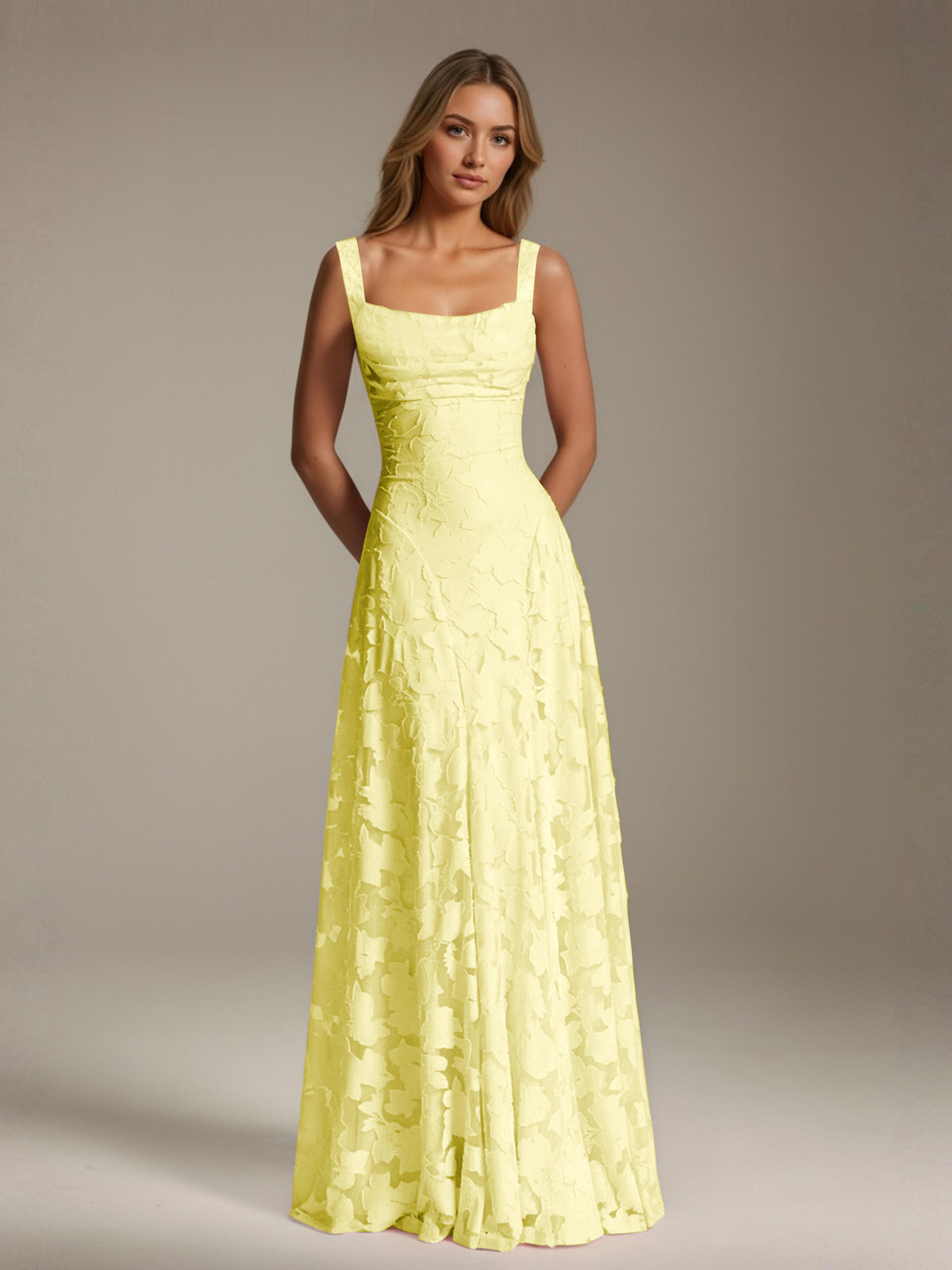 Women's floral textured A-line maxi dress with square neckline and sleeveless straps