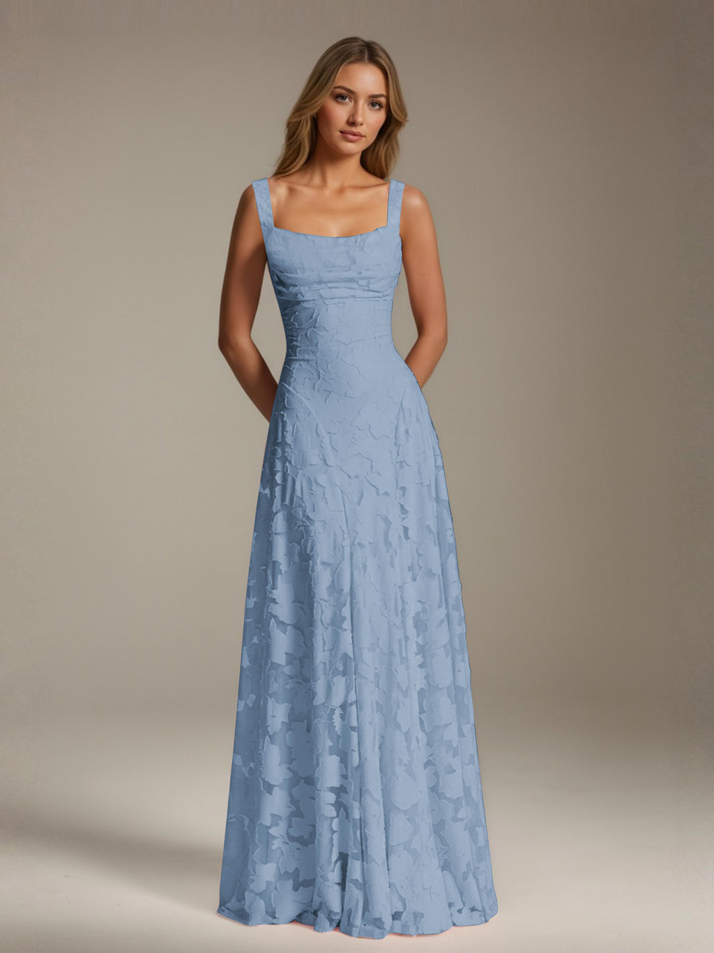 Women's floral textured A-line maxi dress with square neckline and sleeveless straps