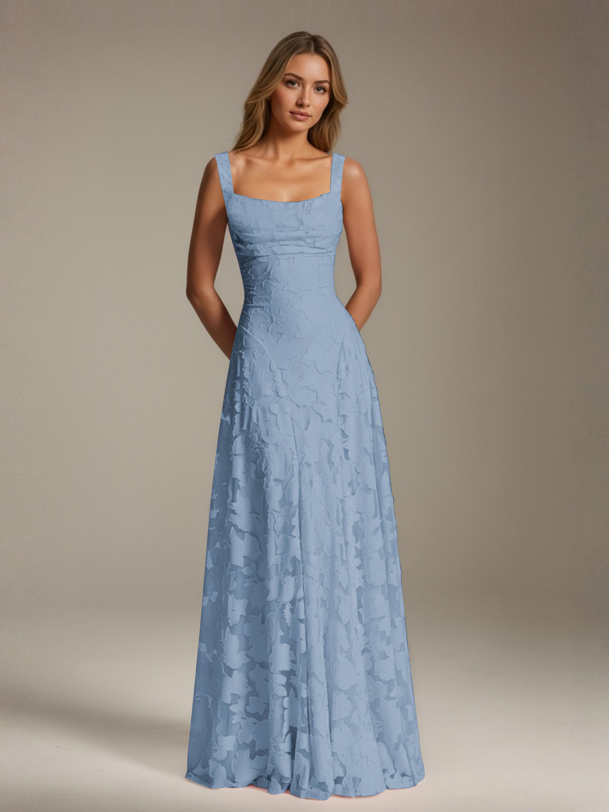 Women's floral textured A-line maxi dress with square neckline and sleeveless straps