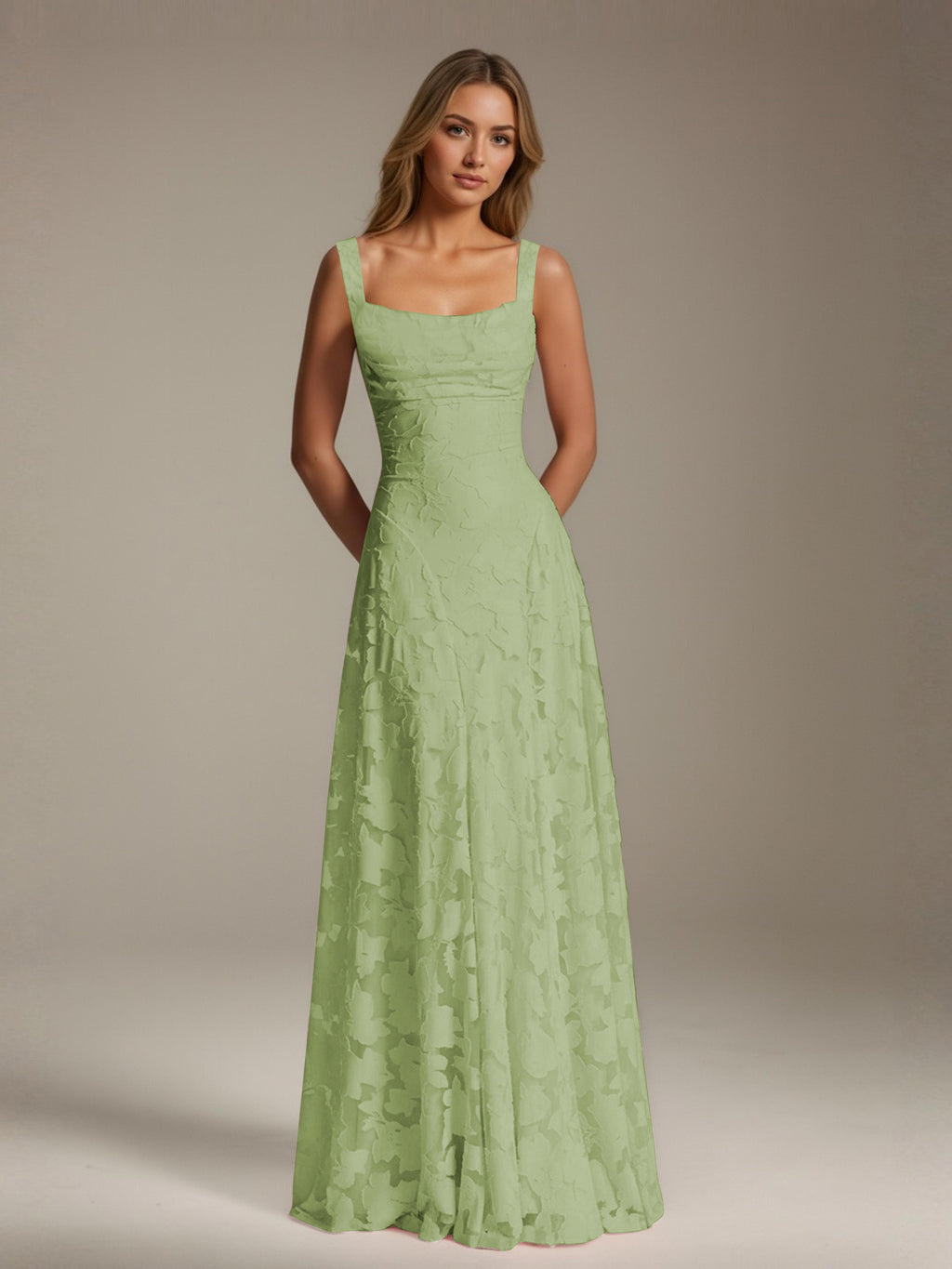 Women's floral textured A-line maxi dress with square neckline and sleeveless straps