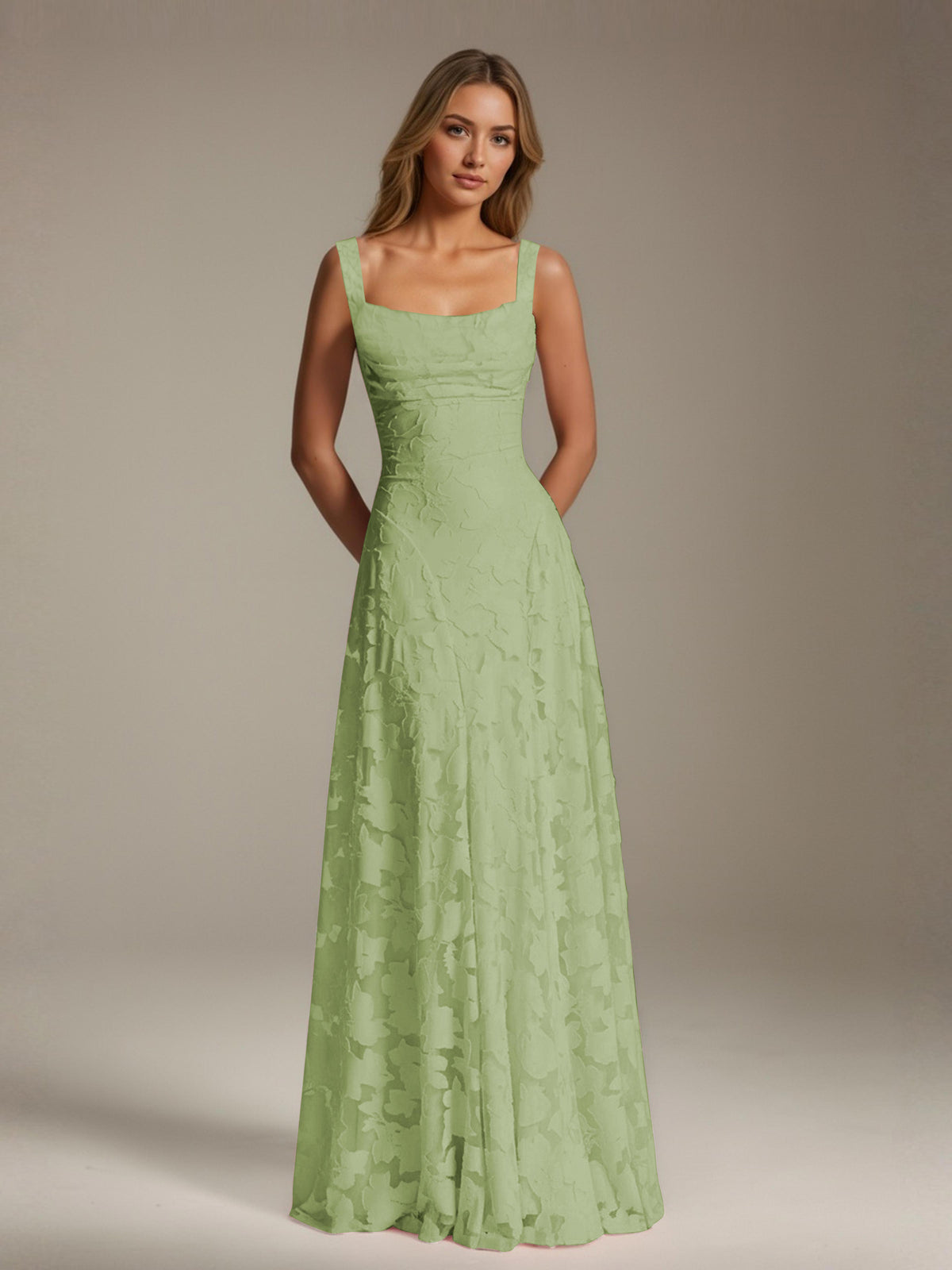 Women's floral textured A-line maxi dress with square neckline and sleeveless straps