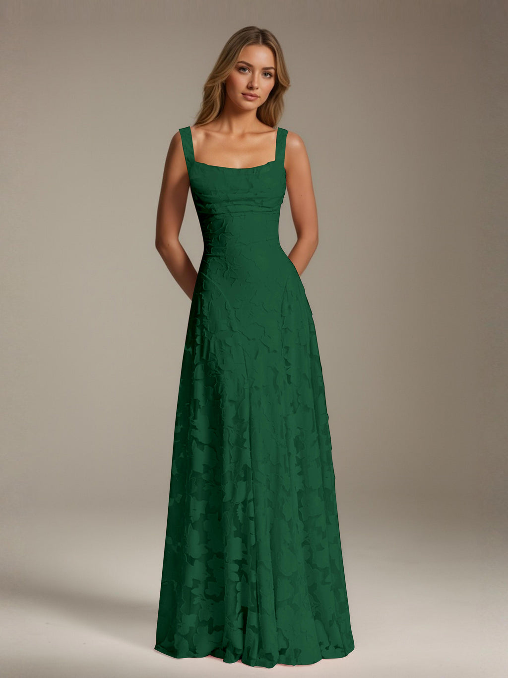 Women's floral textured A-line maxi dress with square neckline and sleeveless straps