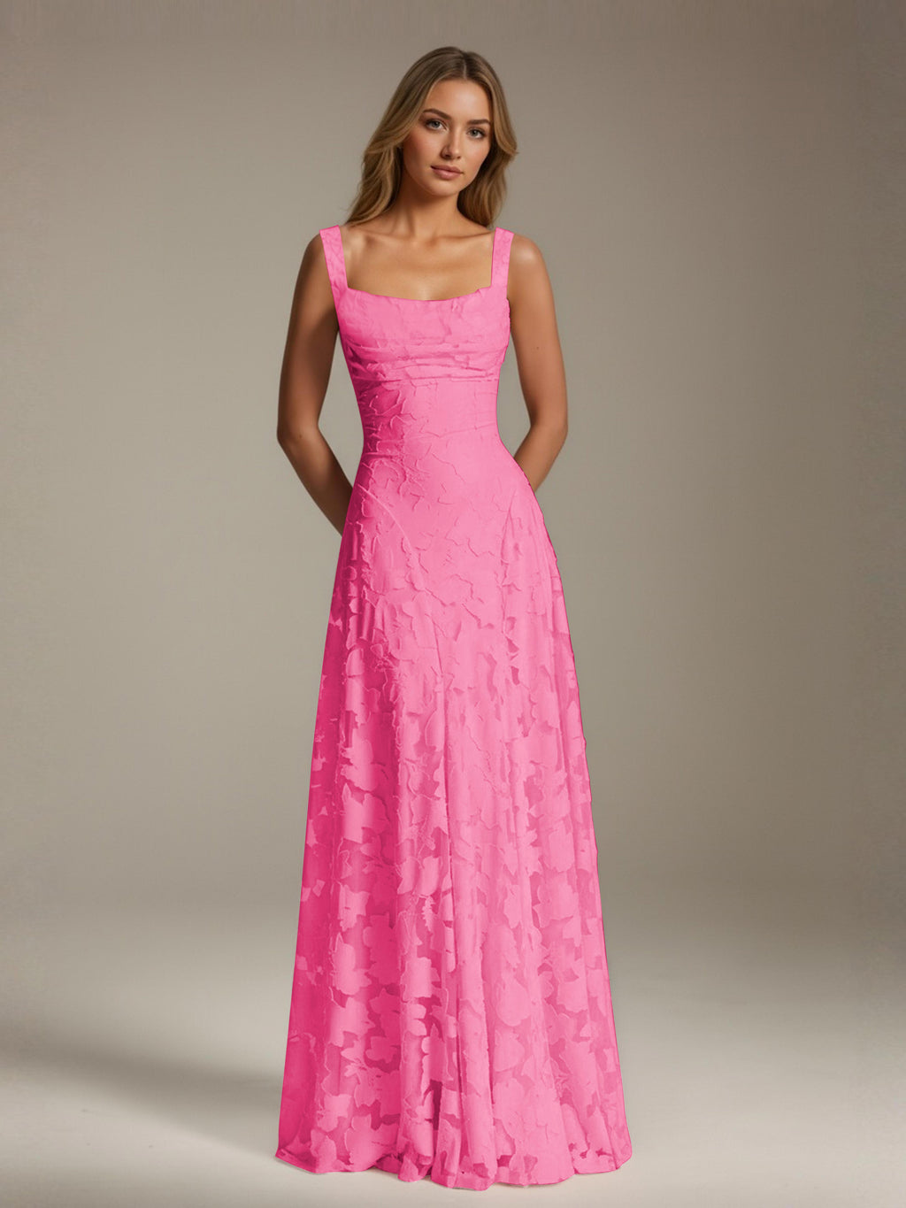 Women's floral textured A-line maxi dress with square neckline and sleeveless straps
