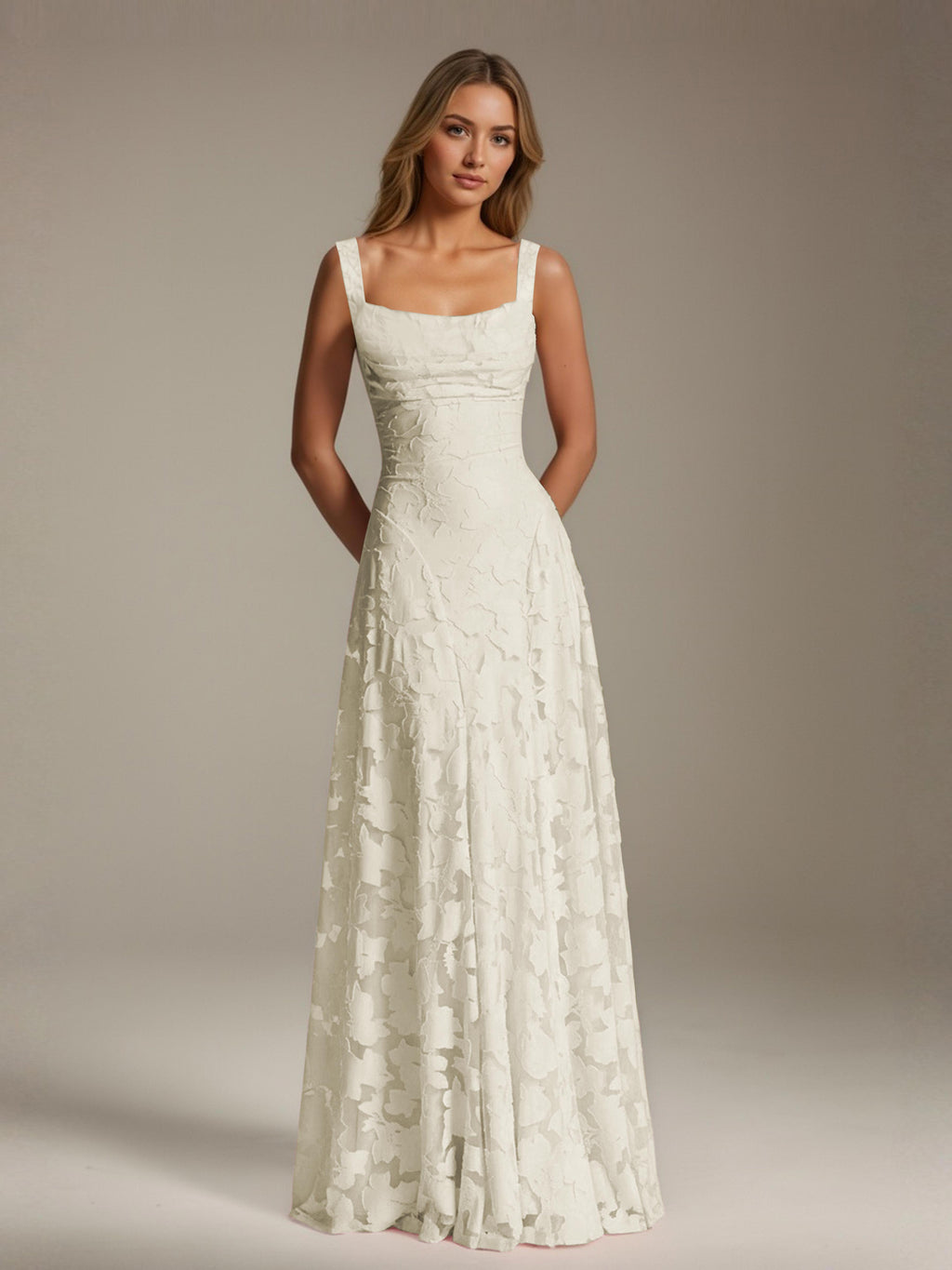 Women's floral textured A-line maxi dress with square neckline and sleeveless straps