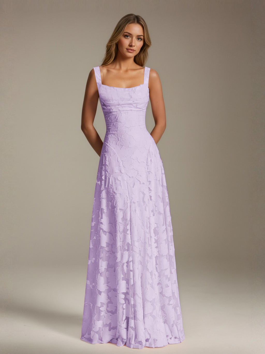Women's floral textured A-line maxi dress with square neckline and sleeveless straps