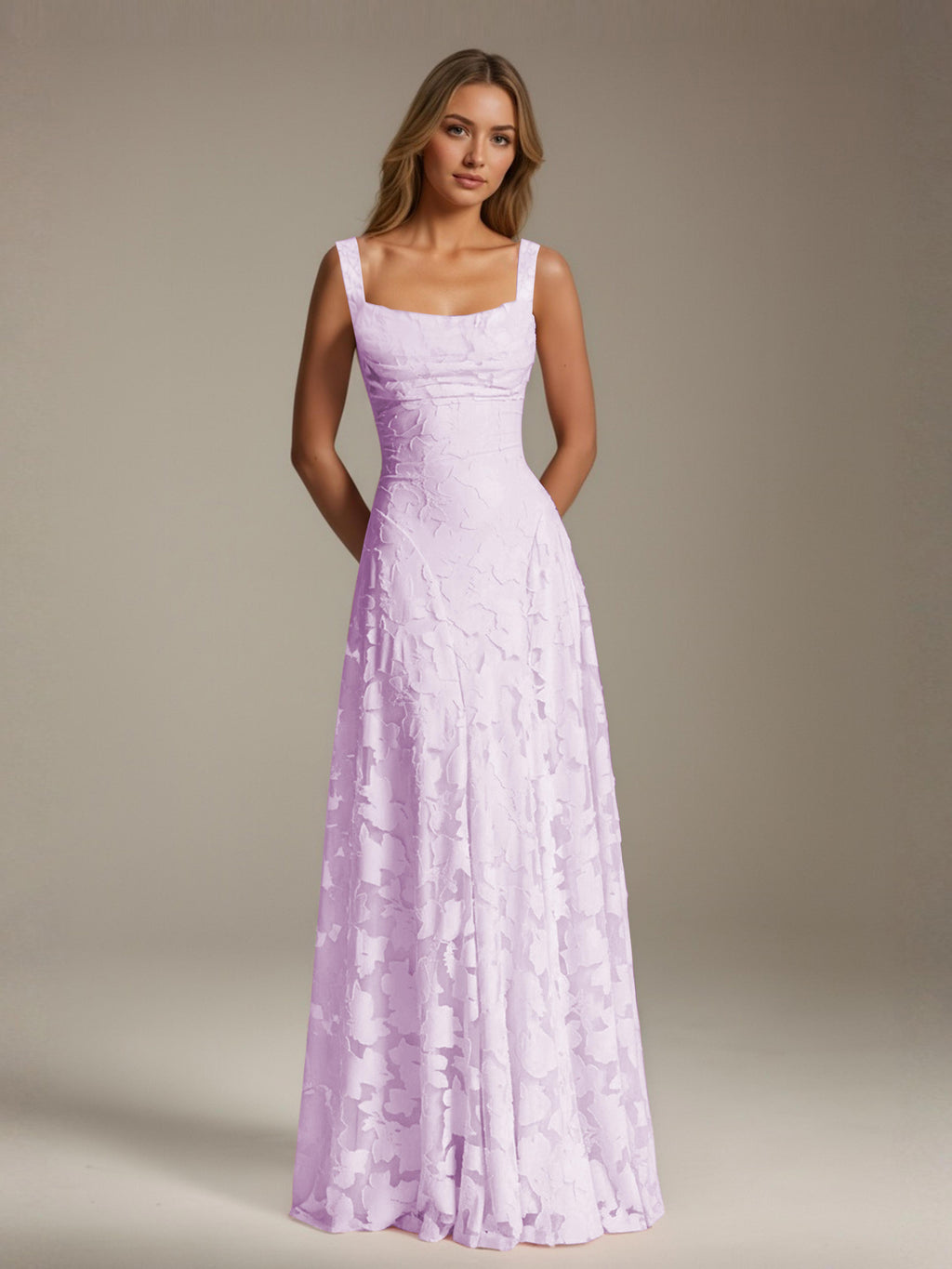 Women's floral textured A-line maxi dress with square neckline and sleeveless straps