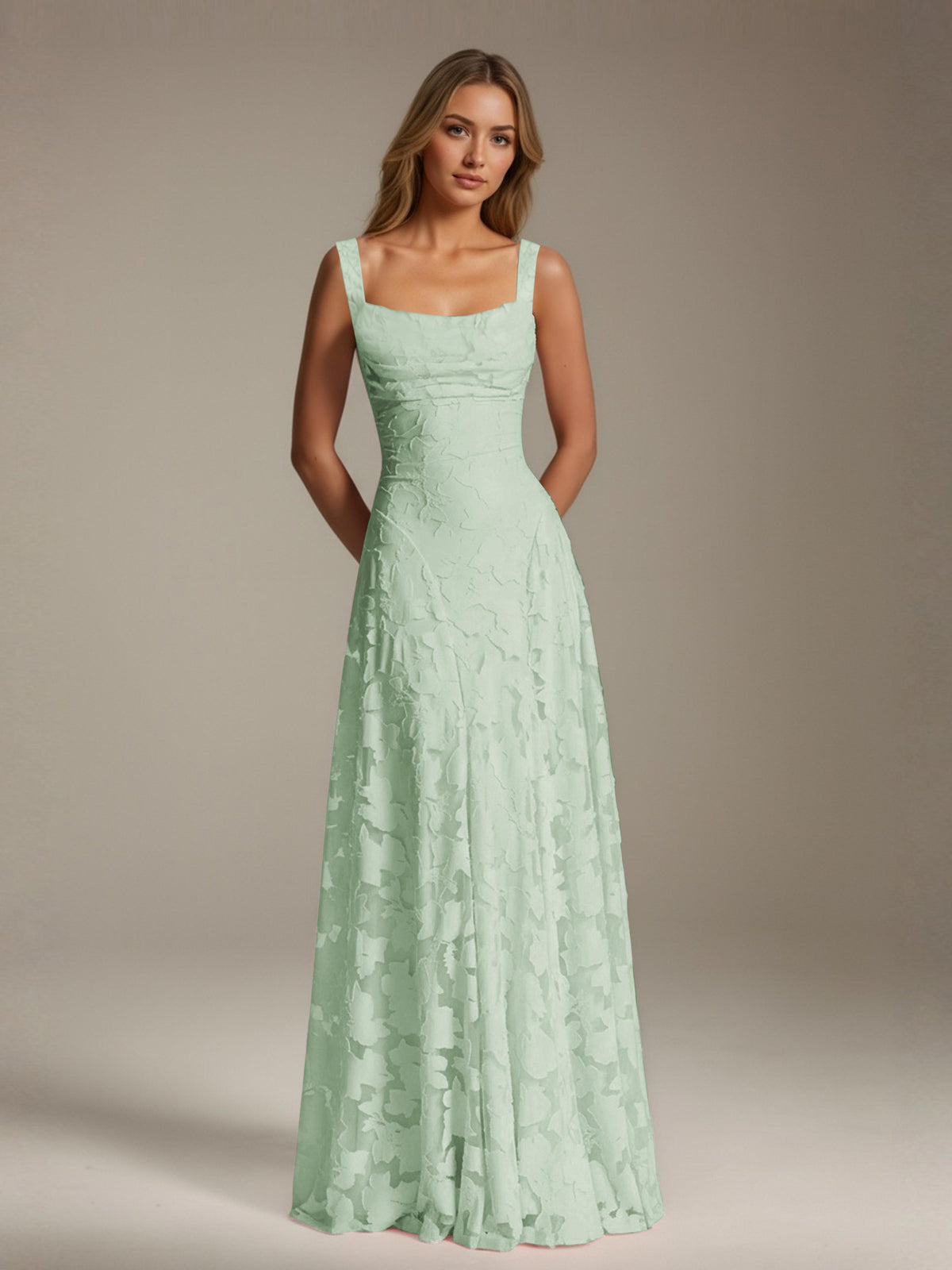 Women's floral textured A-line maxi dress with square neckline and sleeveless straps