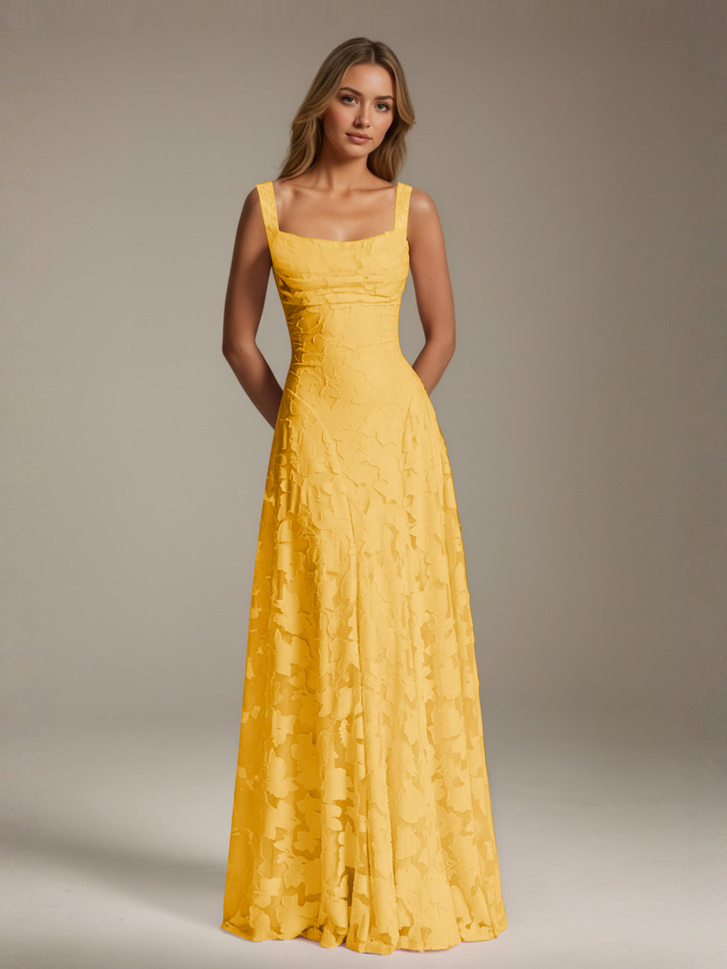 Women's floral textured A-line maxi dress with square neckline and sleeveless straps