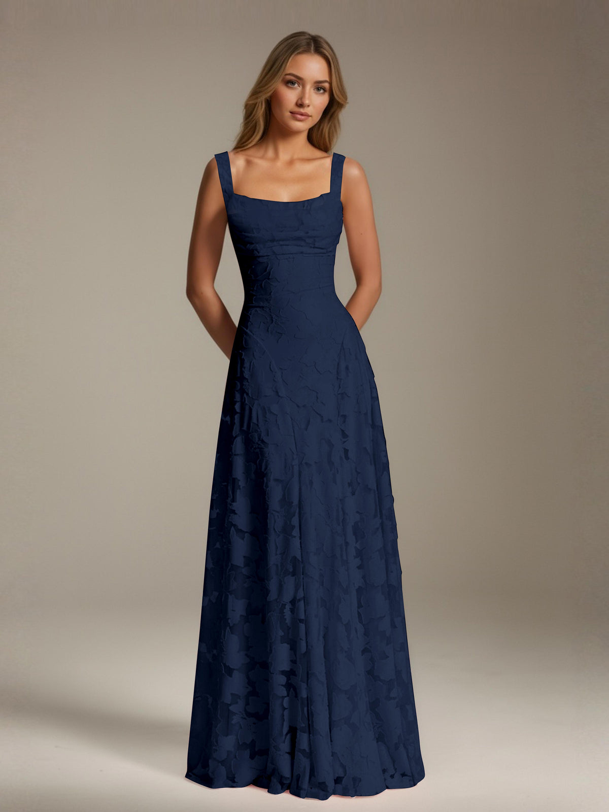 Women's floral textured A-line maxi dress with square neckline and sleeveless straps